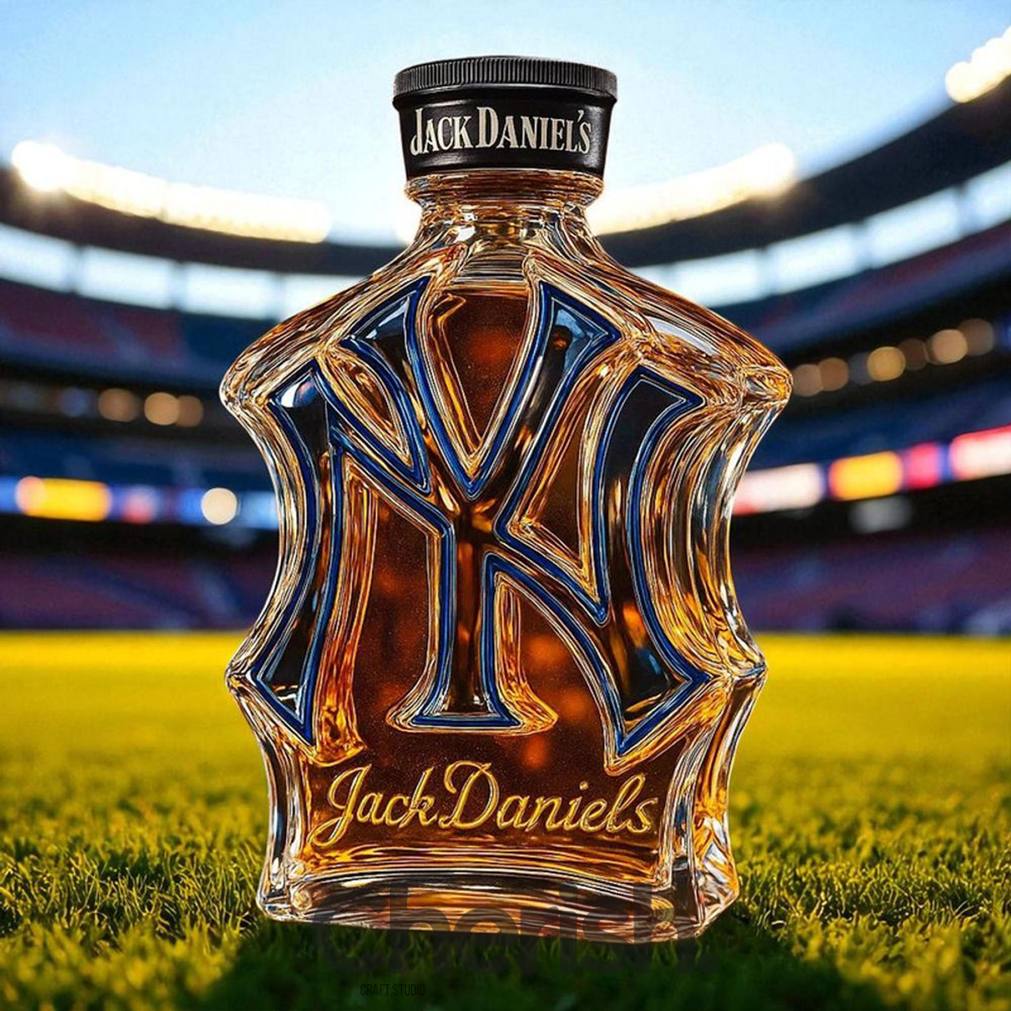 New York Yankees NY-logo-shaped whiskey bottle branded with Jack Daniel's, set on stadium grass under bright field lights
