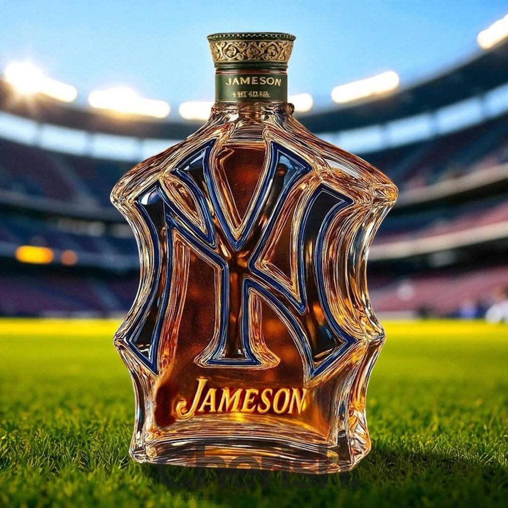 New York Yankees NY-shaped whiskey bottle branded with Jameson, resting on green outfield turf in a brightly lit stadium