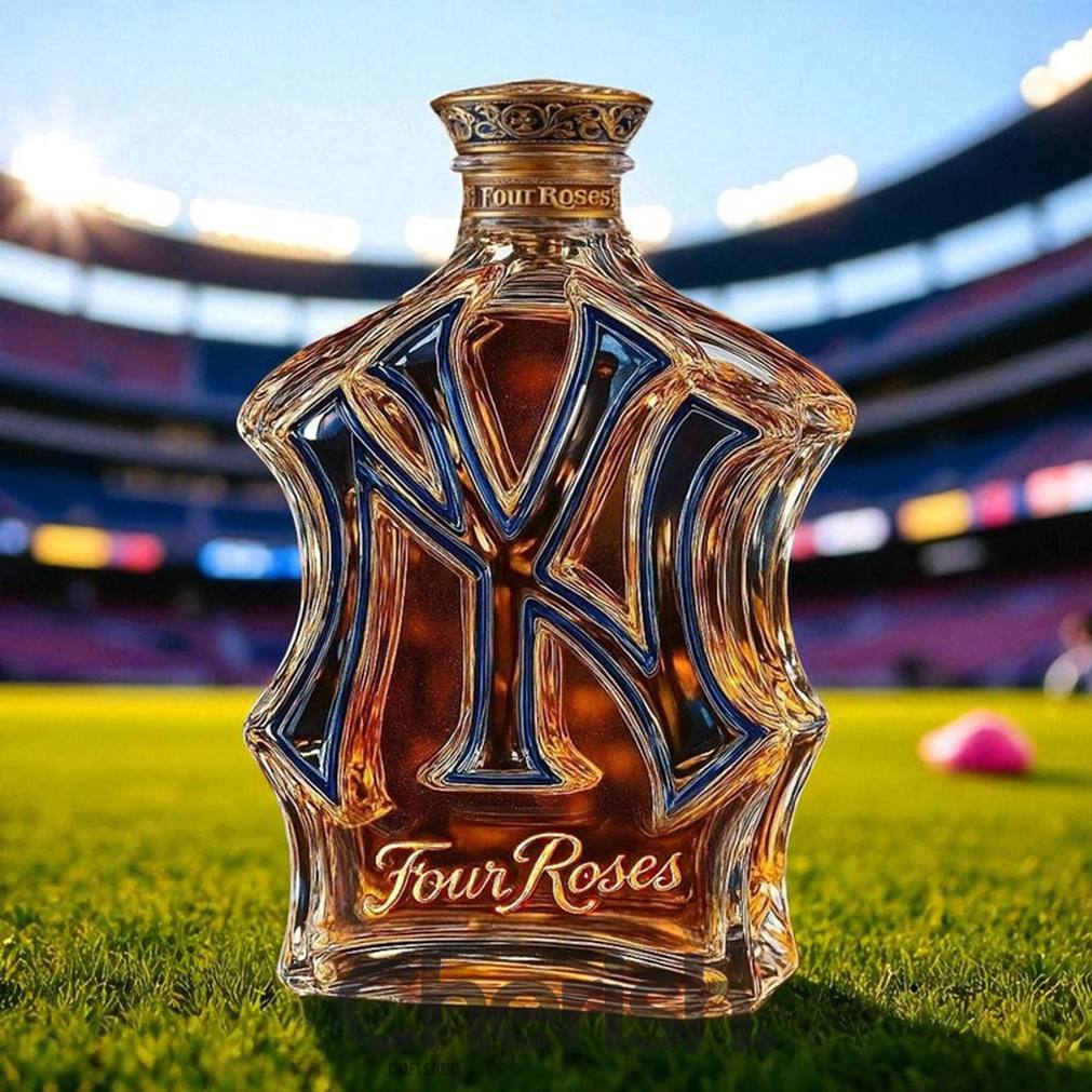 New York Yankees NY-shaped whiskey bottle branded with Four Roses, displayed on green stadium grass in daylight
