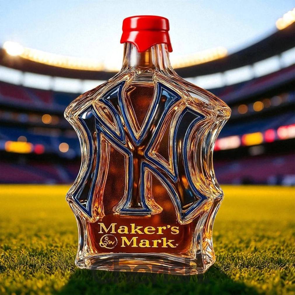 New York Yankees NY-shaped whiskey bottle branded with Maker's Mark, featuring red wax cap detailing on a stadium field