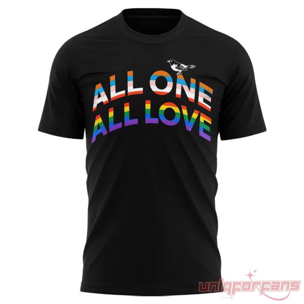 Baltimore Orioles Pride All One All Love Rainbow Black Tee Baltimore Orioles Pride All One All Love Rainbow Black Tee