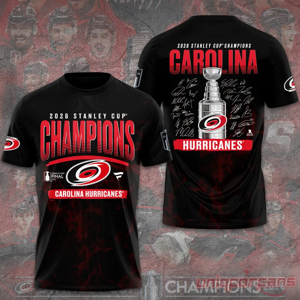 Carolina Hurricanes 2026 Stanley Cup Champions Black Limited Edition 3D T-Shirt Carolina Hurricanes 2026 Stanley Cup Champions Black Limited Edition 3D T-Shirt