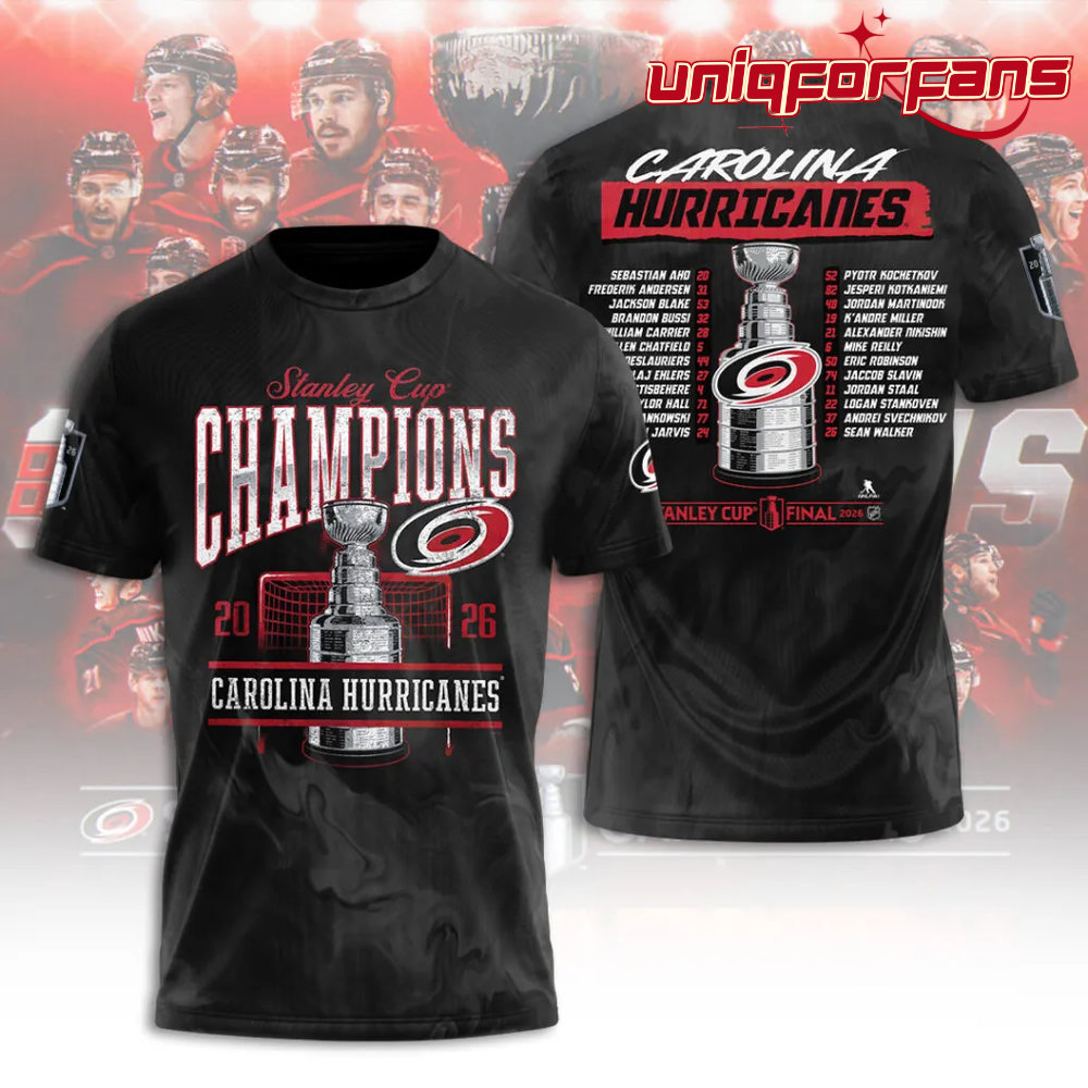 Carolina Hurricanes 2026 Stanley Cup Champions Black Limited Edition 3D T-Shirt Carolina Hurricanes 2026 Stanley Cup Champions Black Limited Edition 3D T-Shirt