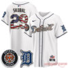 Detroit Tigers 2026 Independence Day USA Vapor Stitched Jersey in white with USA flag pattern script and numbers