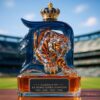 Detroit Tigers Fierce Tiger Head 4X World Series Champions Whiskey Bottle topped with an ornate golden crown