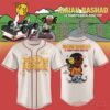Off-white Isaiah Rashad baseball jersey with a text logo on the front and a cartoon character wearing a smiley face mask on the back
