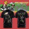Black Isaiah Rashad tee featuring an upside-down sketch graphic on the front and a running cartoon character on the back