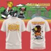 Off-white Isaiah Rashad tour tee with a circular font graphic on the front and a cartoon character holding a smiley mask on the back