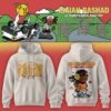 Off-white Isaiah Rashad tour hoodie with a circular font graphic on the front and a cartoon character holding a smiley mask on the back