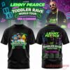 Black Lenny Pearce Toddler Rave World Tour tee with a cartoon front graphic and a detailed 2026 tour itinerary on the back