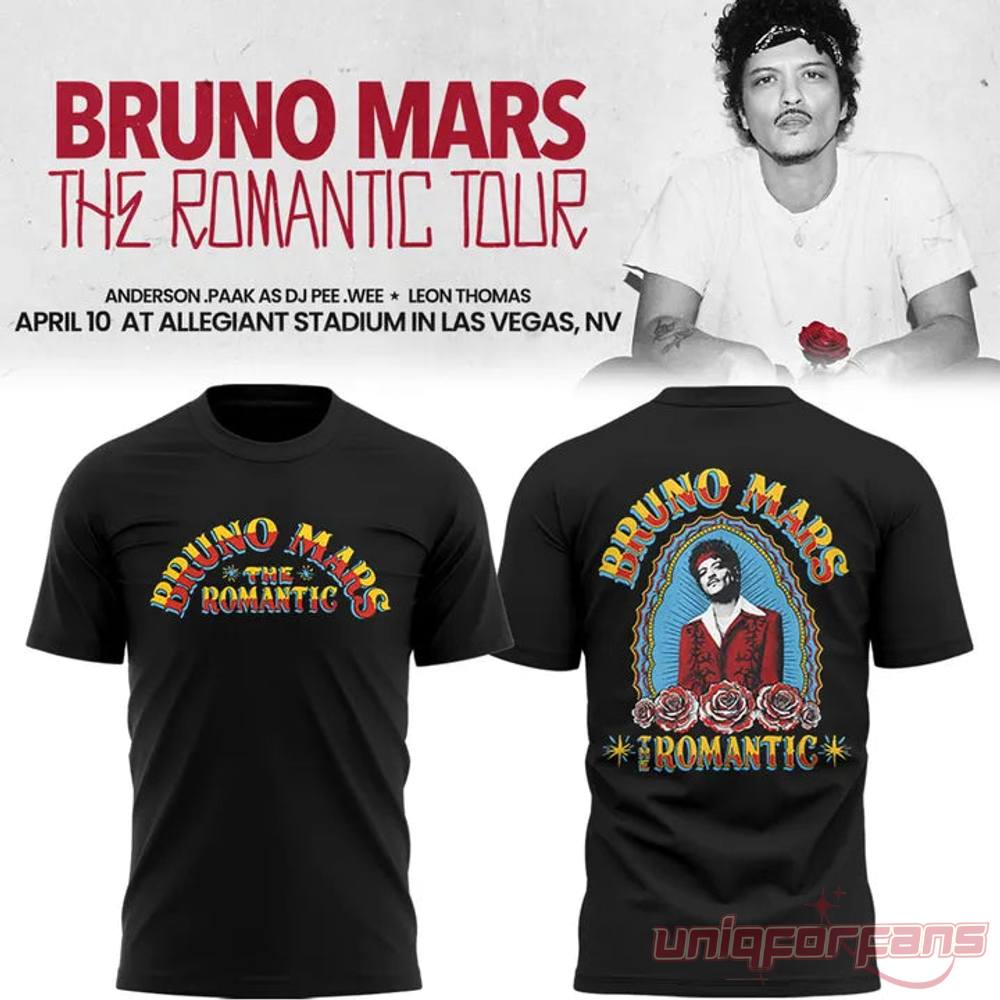 Ohio State Buckeyes x Bruno Mars The Romantic Tour 2026 3D T-shirt Ohio State Buckeyes x Bruno Mars The Romantic Tour 2026 3D T-shirt