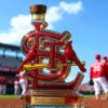 St. Louis Cardinals 11X World Series Champions Whiskey bottle with a smooth wooden cork stopper at a baseball stadium