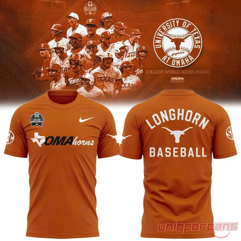 Texas Longhorns 2026 NCAA Baseball Men’s College World Series Omaha 3D T-Shirt Texas Longhorns 2026 NCAA Baseball Men’s College World Series Omaha 3D T-Shirt