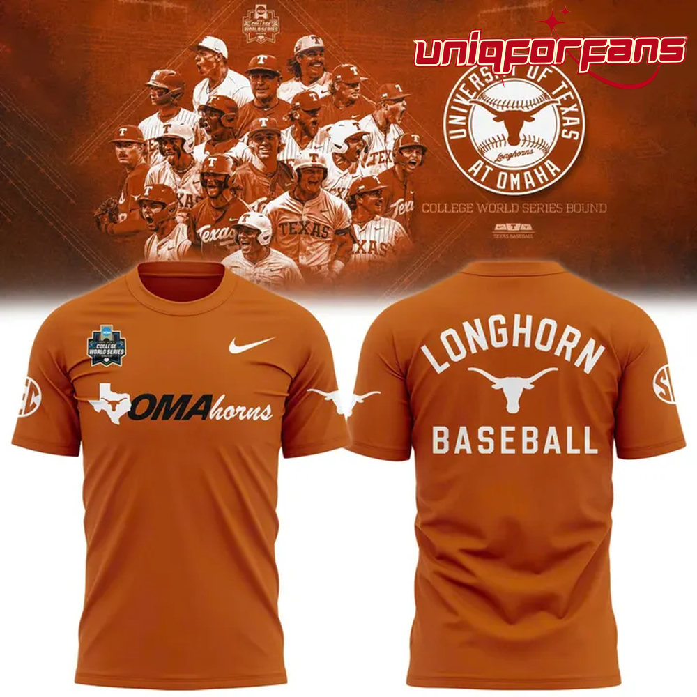 Texas Longhorns 2026 NCAA Baseball Men’s College World Series Omaha 3D T-Shirt Texas Longhorns 2026 NCAA Baseball Men’s College World Series Omaha 3D T-Shirt
