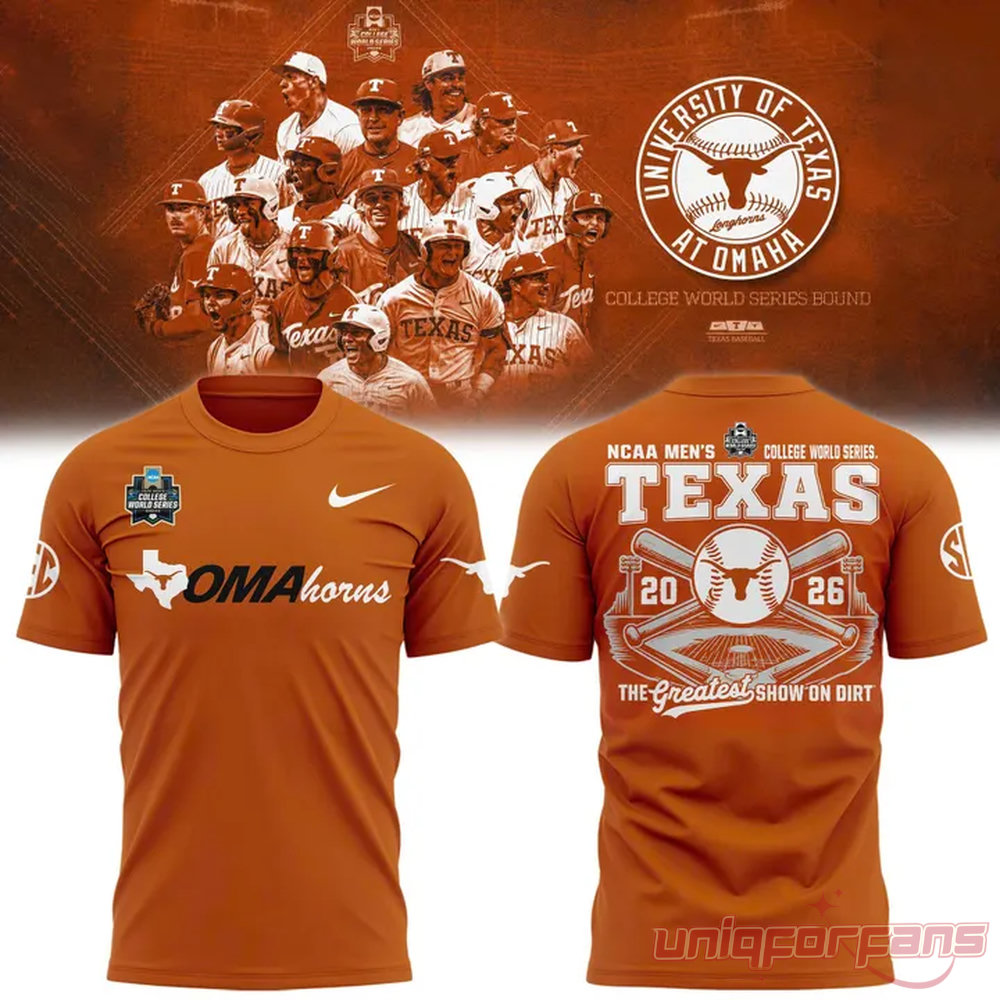 Texas Longhorns 2026 NCAA Baseball Men’s College World Series Omaha 3D T-Shirt Texas Longhorns 2026 NCAA Baseball Men’s College World Series Omaha 3D T-Shirt