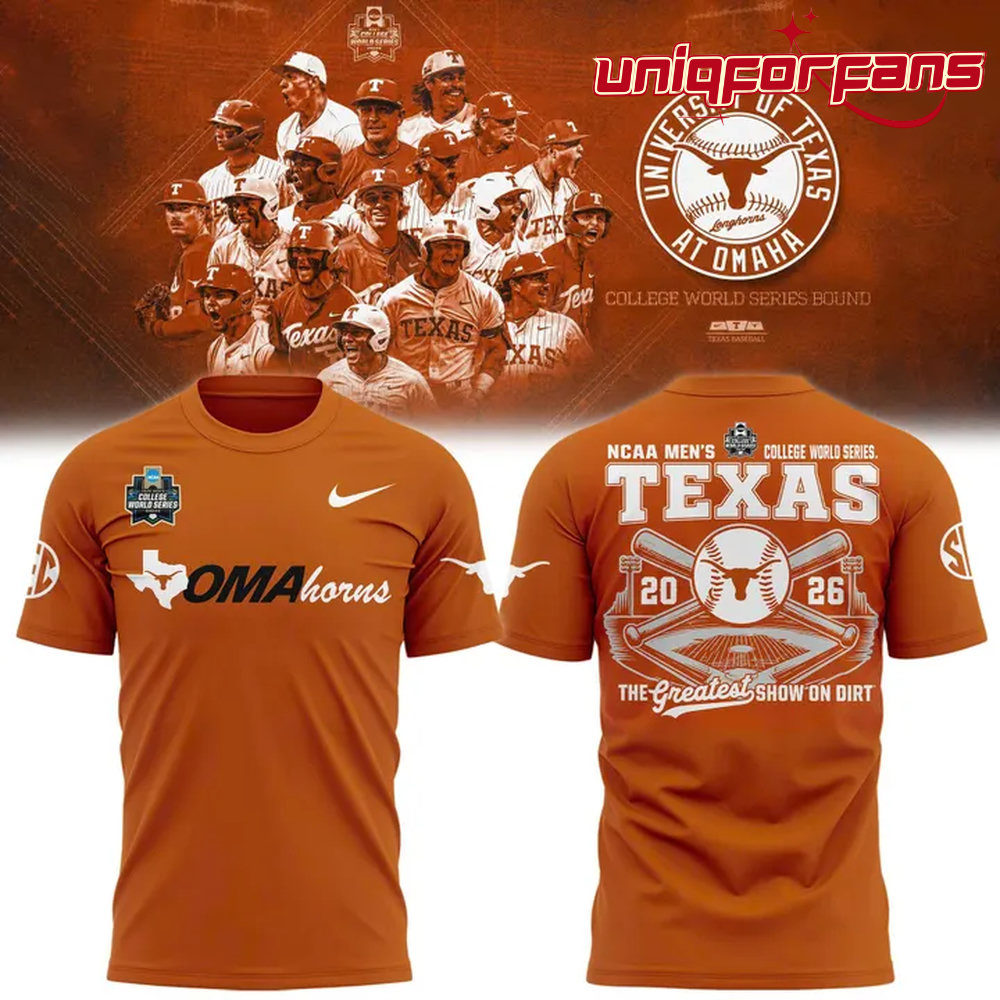 Texas Longhorns 2026 NCAA Baseball Men’s College World Series Omaha 3D T-Shirt Texas Longhorns 2026 NCAA Baseball Men’s College World Series Omaha 3D T-Shirt
