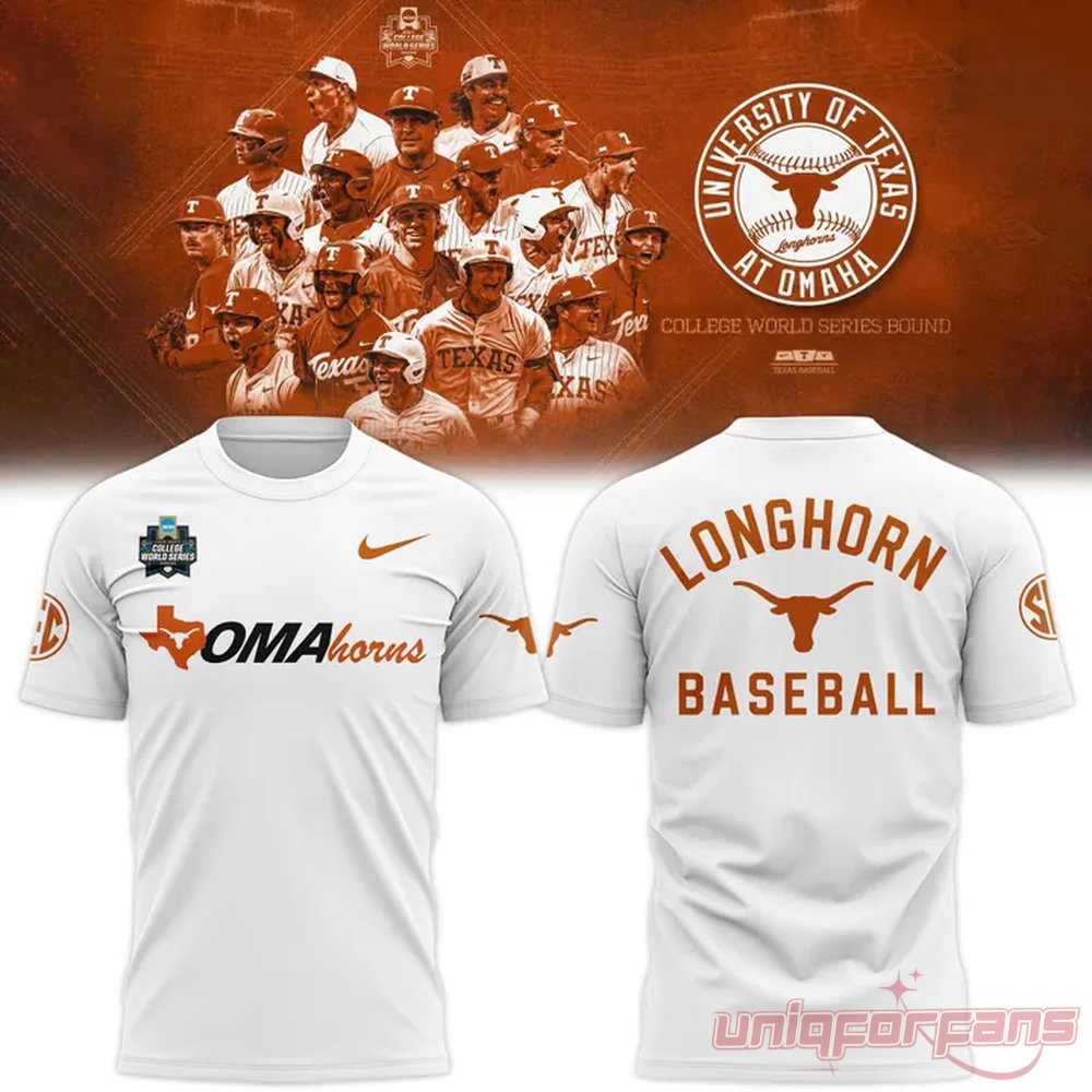Texas Longhorns 2026 NCAA Baseball Men’s College World Series Omaha 3D T-Shirt Texas Longhorns 2026 NCAA Baseball Men’s College World Series Omaha 3D T-Shirt