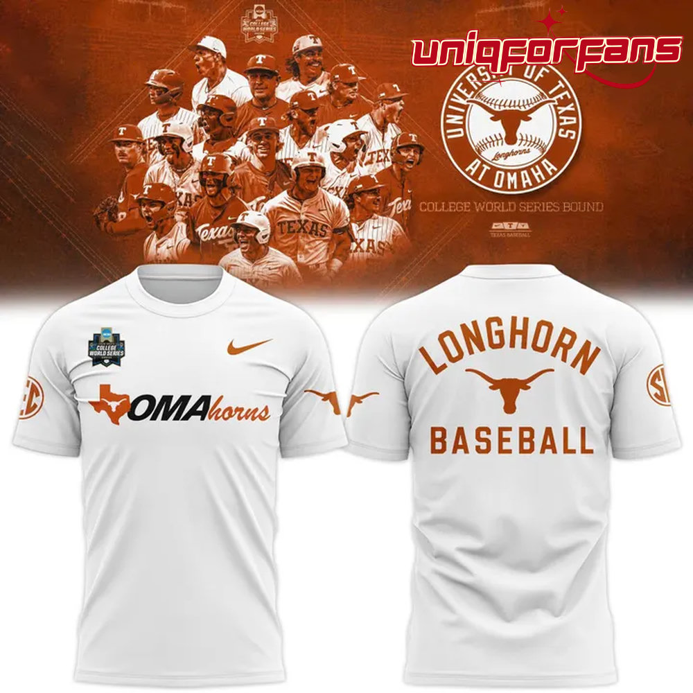 Texas Longhorns 2026 NCAA Baseball Men’s College World Series Omaha 3D T-Shirt Texas Longhorns 2026 NCAA Baseball Men’s College World Series Omaha 3D T-Shirt