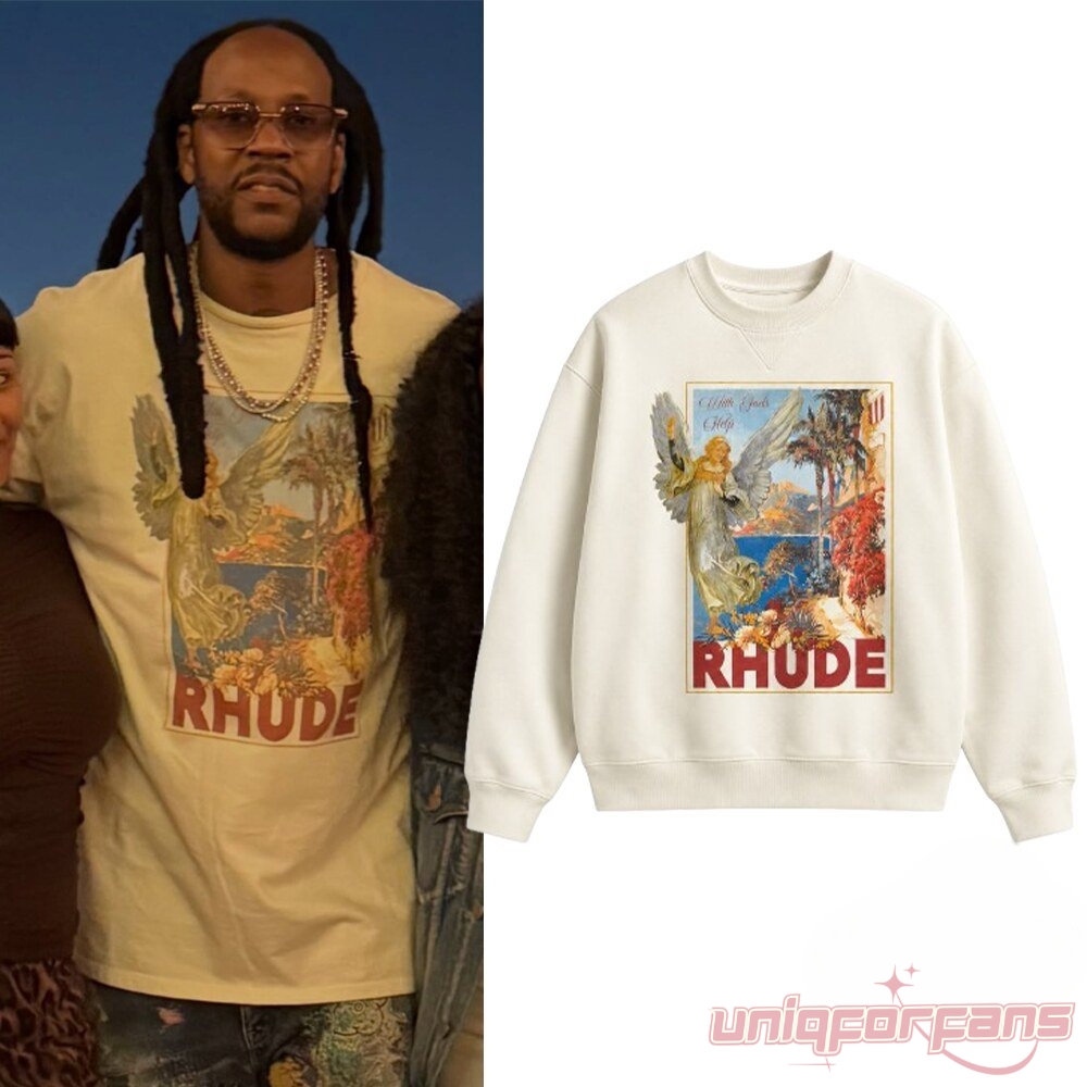 2 Chainz With Gods Help Rhude Inspired Tee worn by 2 Chainz alongside cream angel sweatshirt view