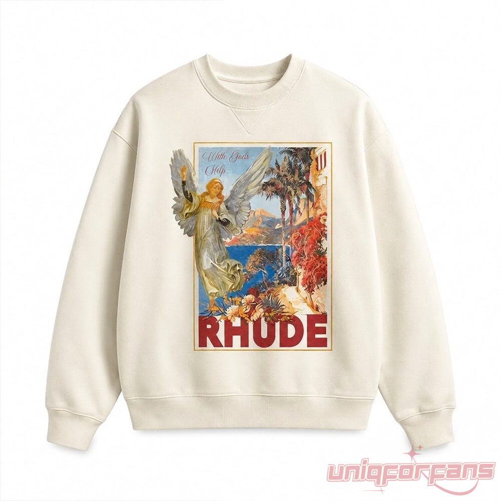 2 Chainz With Gods Help Rhude Inspired Sweatshirt cream sweatshirt featuring vintage angel graphic and red logo