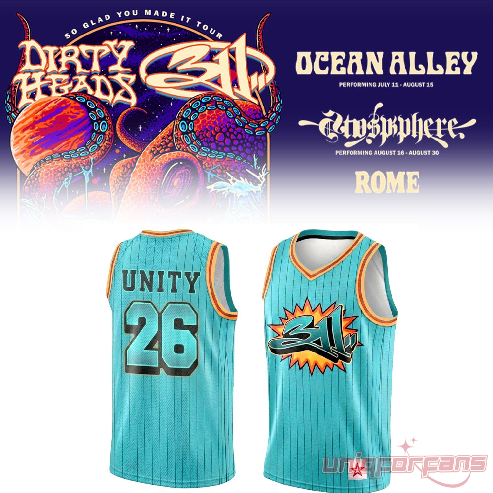 311 and Dirty Heads Tour At Rome Unity 26 Basketball Jersey in turquoise pinstripes showing front and back view