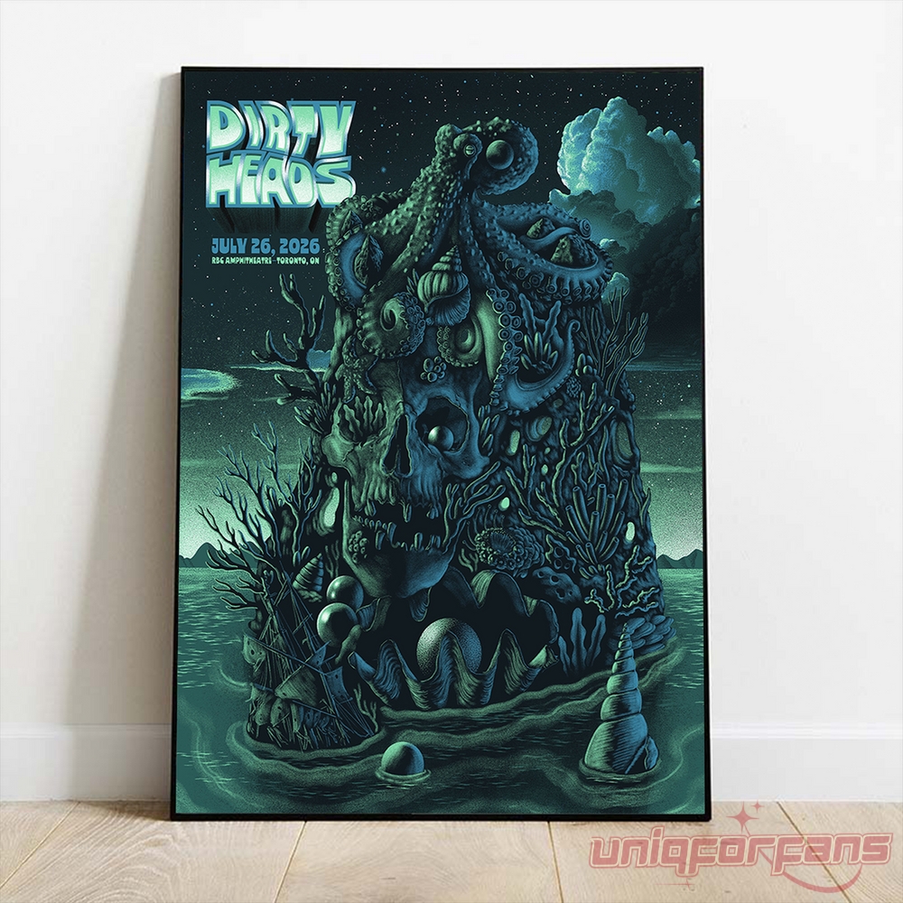 311 and Dirty Heads Tour At Toronto ON Poster framed print in teal featuring octopus and skull coral reef artwork
