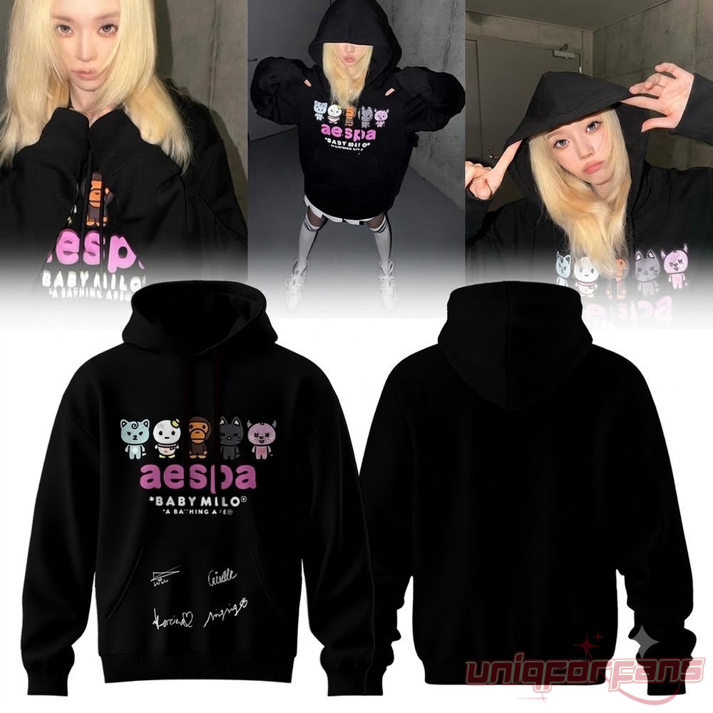 AESPA x BAPE Baby Milo Signature Collection Hoodie in black with cartoon graphics, signatures & member photos
