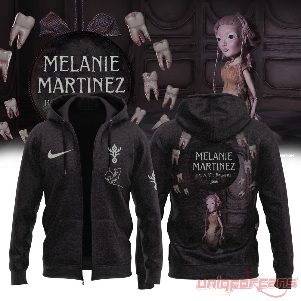Aesthetic Melanie Martinez HADES: THE SACRIFICE Tour 2026 Hoodie Zip in dark grey with doll artwork on back