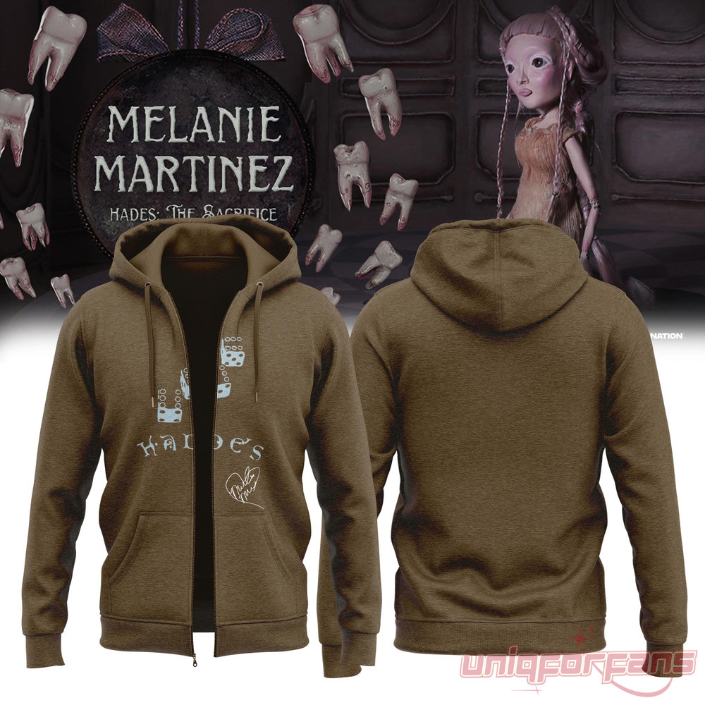 Aesthetic Melanie Martinez HADES: THE SACRIFICE Tour 2026 Hoodie Zip in brown with Hades dice graphic front