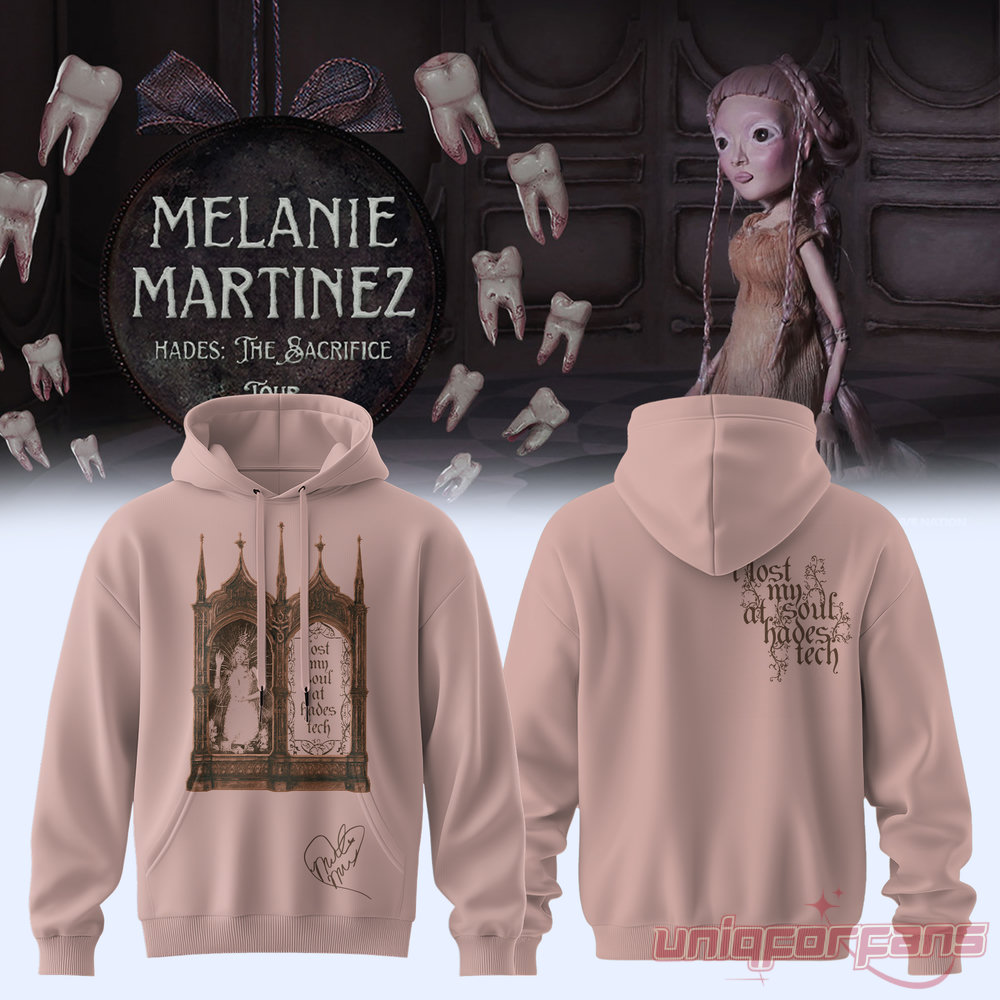 Aesthetic Melanie Martinez HADES: THE SACRIFICE Tour 2026 Signature Hoodie in dusty pink with arch artwork