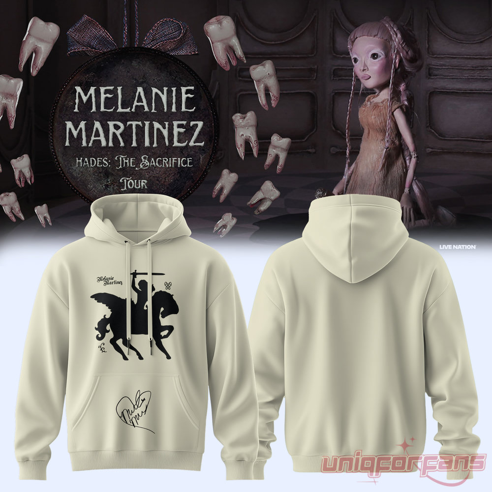 Aesthetic Melanie Martinez HADES: THE SACRIFICE Tour 2026 Signature Hoodie in cream with black silhouette graphic