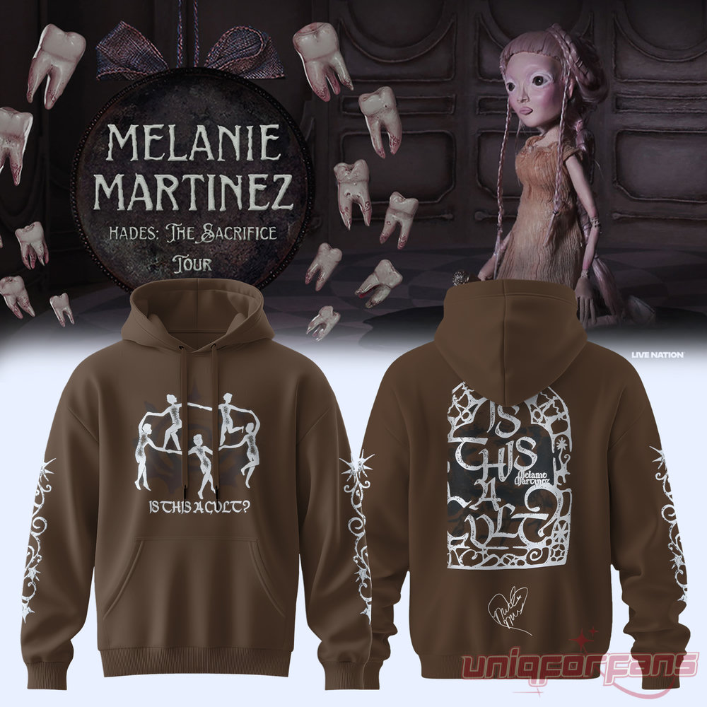 Aesthetic Melanie Martinez HADES: THE SACRIFICE Tour 2026 Signature Hoodie in dark brown with Is This A Cult text