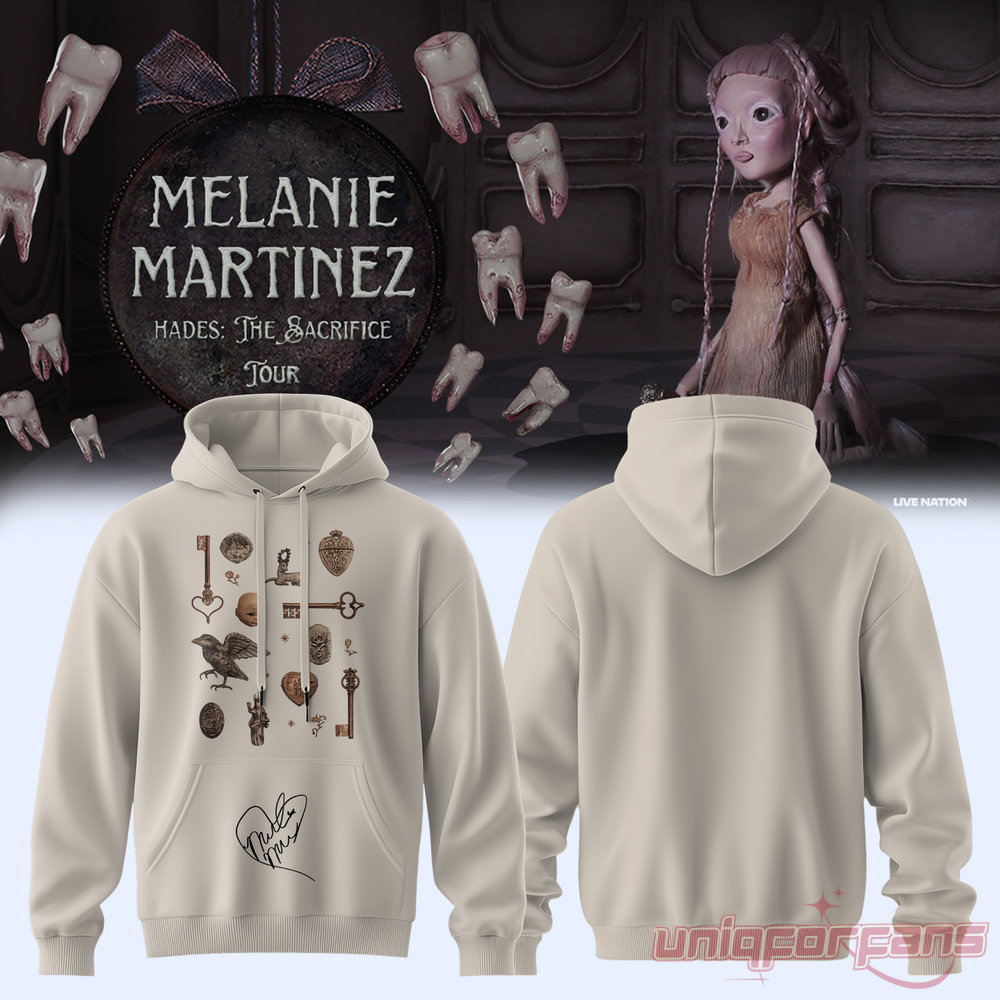 Aesthetic Melanie Martinez HADES: THE SACRIFICE Tour 2026 Signature Hoodie in beige with key charm graphic layout