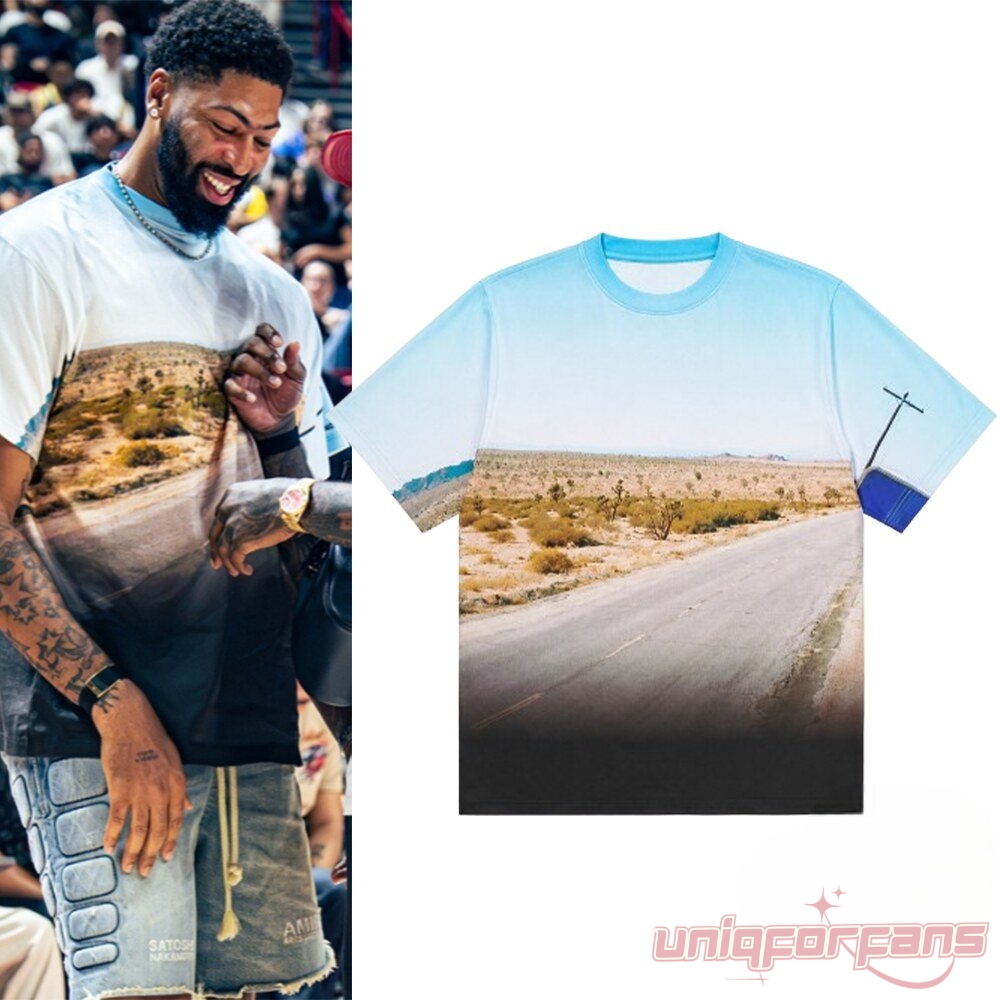Anthony Davis League In Las Vegas Remember Me Special 3D T-Shirt worn by the player next to the flat mockup layout