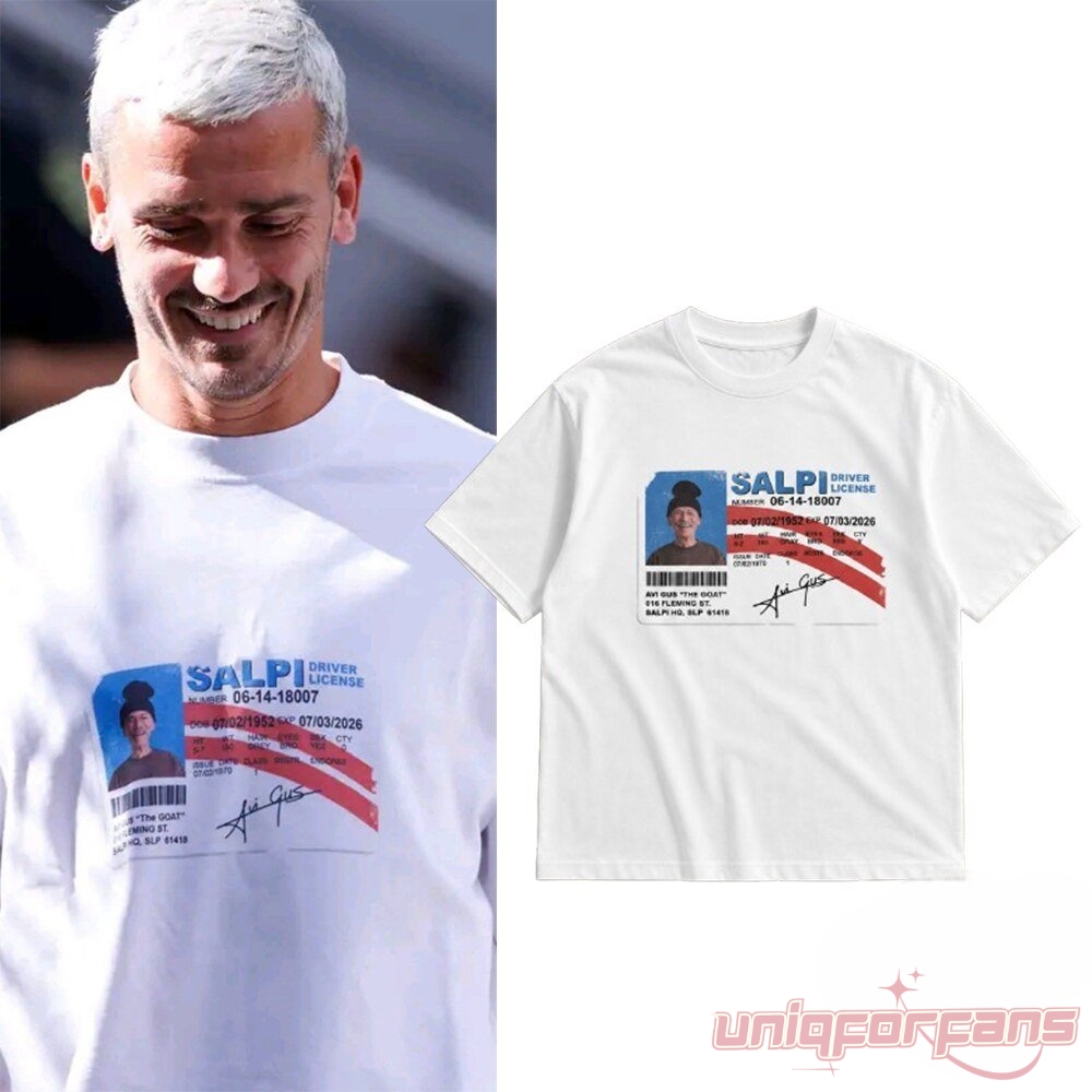 Antoine Griezmann MLS The GOAT Salpi Driver’s License Inspired Shirt featuring a white tee with driver’s license art
