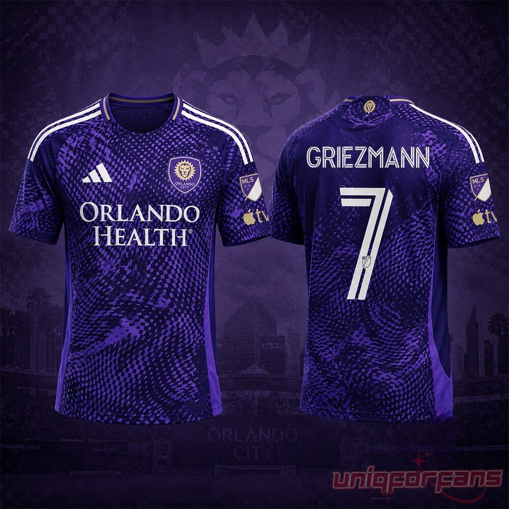 Antoine Griezmann Orlando City 2026 Home Jersey front and back view set on a purple patterned backdrop