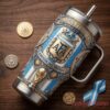 Argentina FIFA World Cup 2026 Collector’s Edition Tumbler, metal travel mug resting on a wooden table with coins