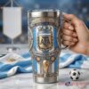 Argentina FIFA World Cup 2026 Collector’s Edition Tumbler, hand holding the silver insulated handle mug