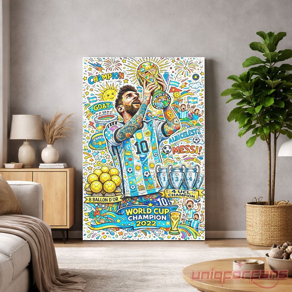 Argentina Lionel Messi World Cup Champion 2022 Colorful Doodle Canvas, large vertical poster leaning against a wall