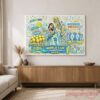 Argentina Lionel Messi World Cup Champion 2022 Colorful Doodle Canvas, wide horizontal art print over a wooden console