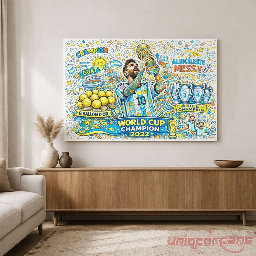 Argentina Lionel Messi World Cup Champion 2022 Colorful Doodle Canvas, wide horizontal art print over a wooden console