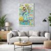 Argentina Lionel Messi World Cup Champion 2022 Colorful Doodle Canvas, vertical pop art poster hanging above a white sofa