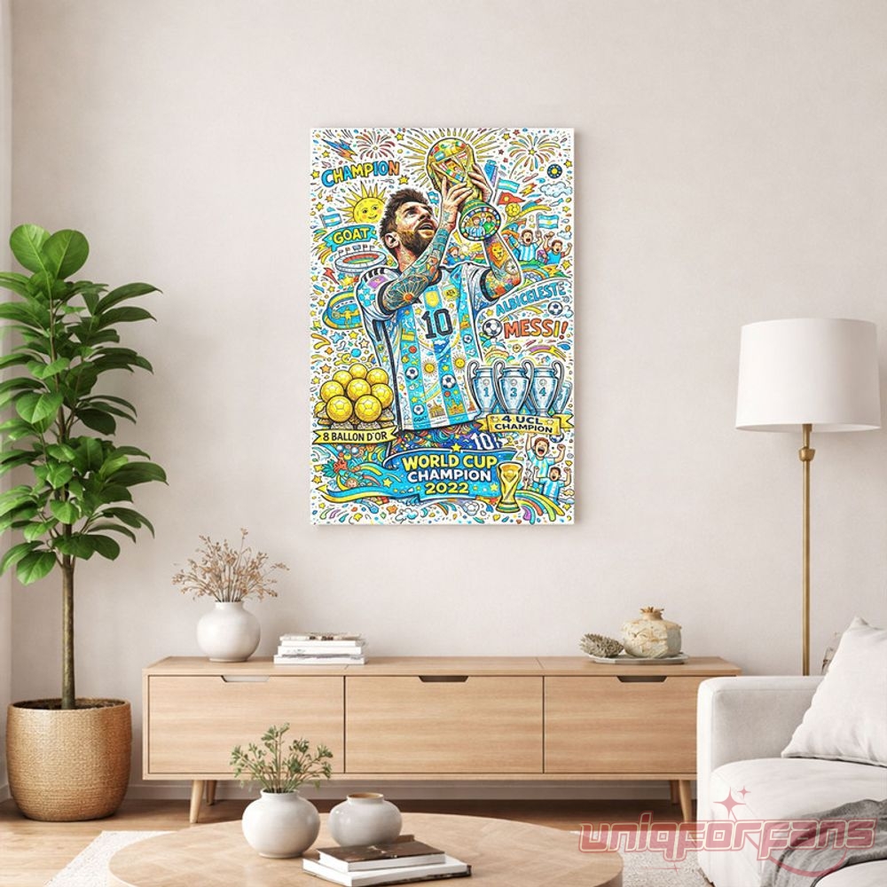 Argentina Lionel Messi World Cup Champion 2022 Colorful Doodle Canvas, framed colorful doodle art centered on a wall
