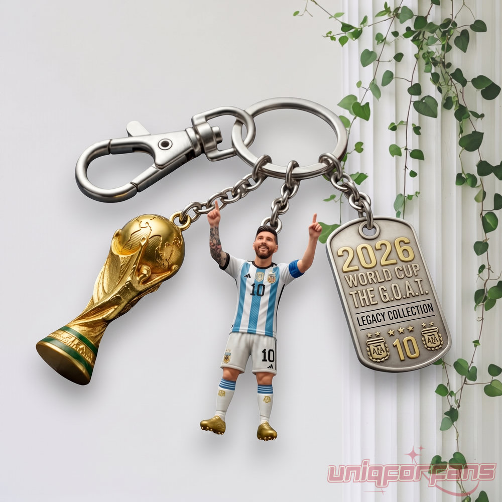 Argentina Messi M10 FIFA World Cup 2026 Keychain featuring a mini Messi figure, golden trophy, and metal legacy tag