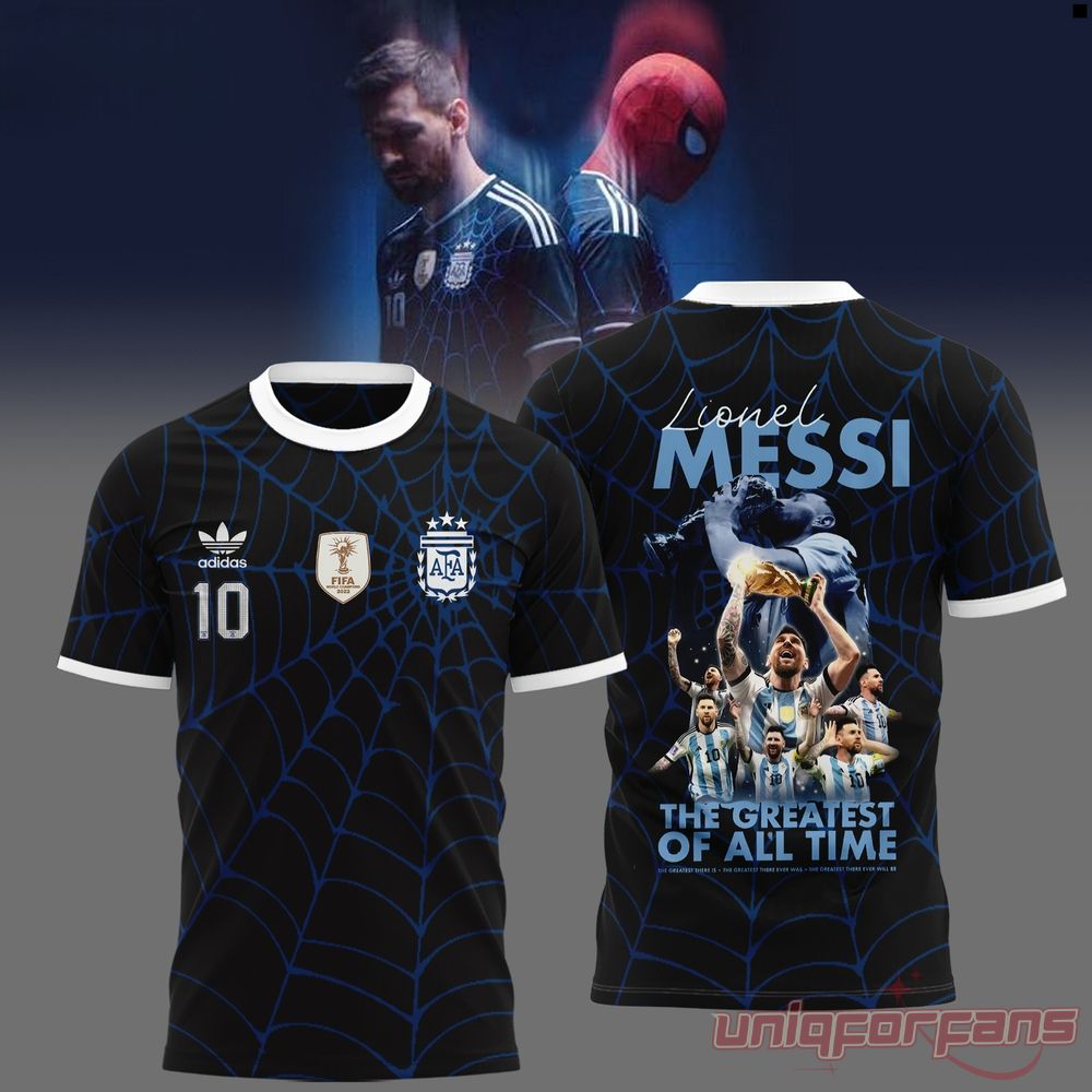 Argentina Messi x Spider-Man GOAT T-Shirt in blue and white stripes with a Greatest of All Time back collage