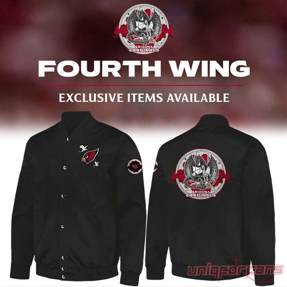 Arizona Cardinals Fourth Wing Night Edition 2026 Baseball Jacket front and back view with dragon artwork promo banner.