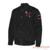 Arizona Cardinals Fourth Wing Night Edition 2026 Baseball Jacket front view in black with Cardinals logo and mini dragons.