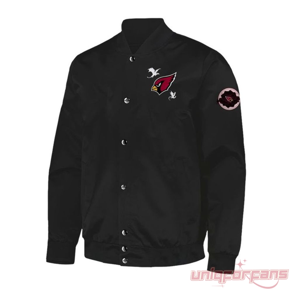 Arizona Cardinals Fourth Wing Night Edition 2026 Baseball Jacket front view in black with Cardinals logo and mini dragons.