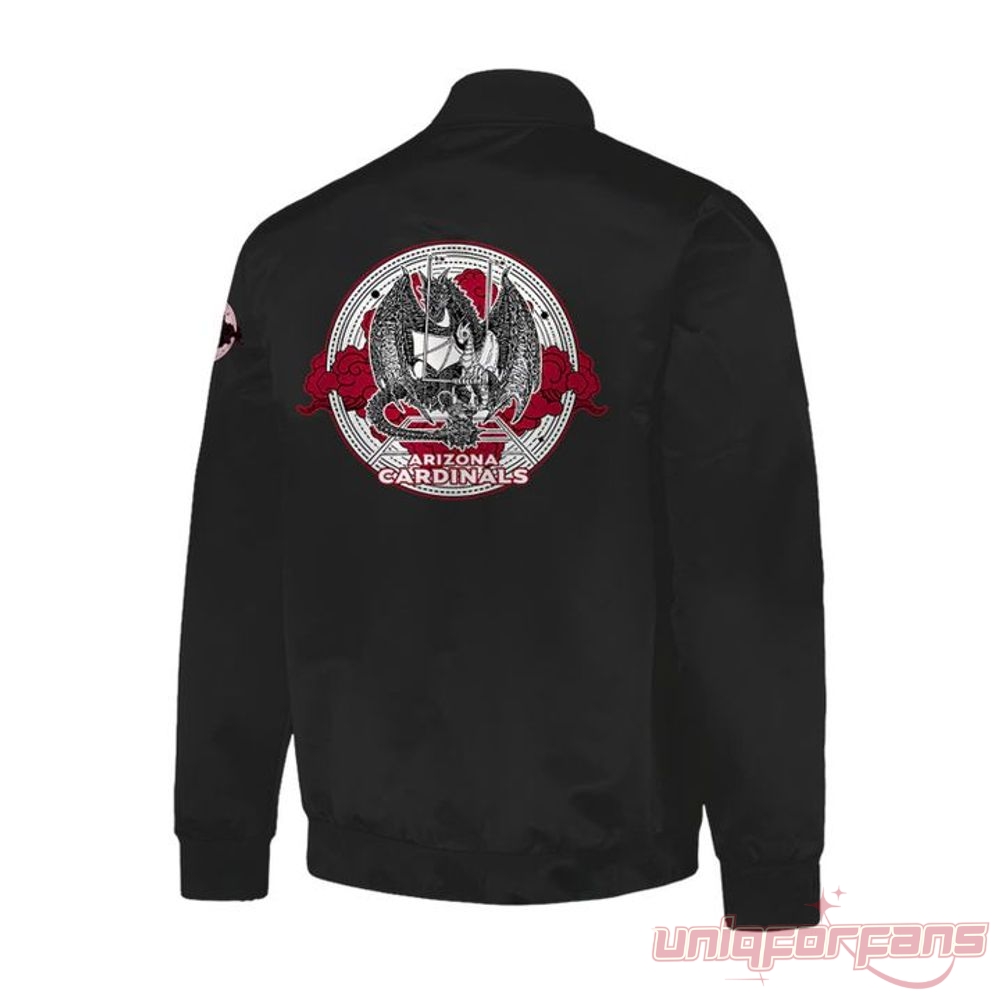Arizona Cardinals Fourth Wing Night Edition 2026 Baseball Jacket back view with large detailed circular dragon crest artwork.