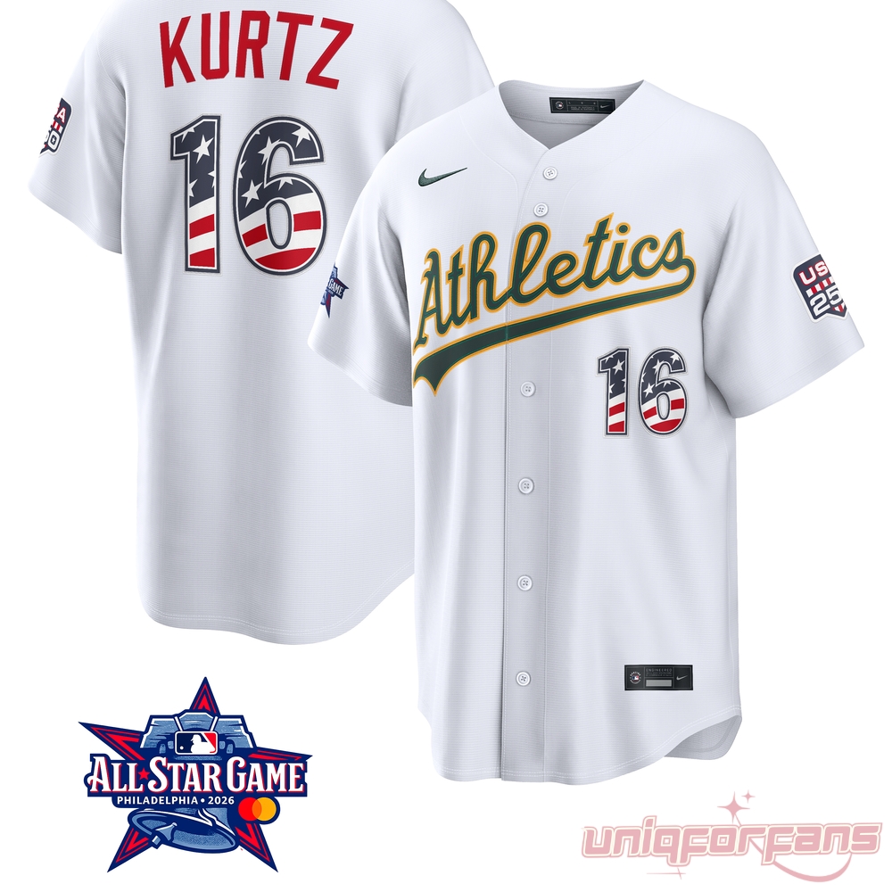 Athletics Nick Kurtz All-Star Game 2026 Edition Jersey in white with USA flag number 16 text graphic details
